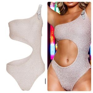Pink Asymmetric Cut Out Glitter Swimsuit